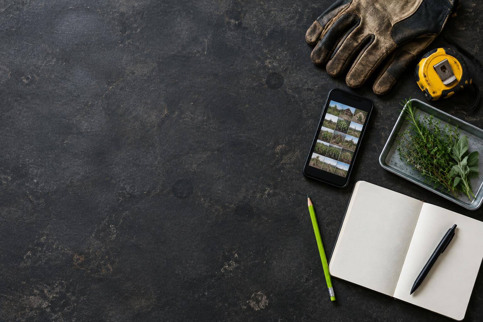 A phone, work gloves, notebook, and fresh herbs on a business workbench